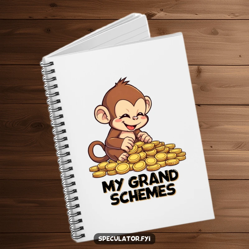 Funny cheeky monkey notebook, joyfully counting a pile of coins, ideal for journaling with humorous aspirations.