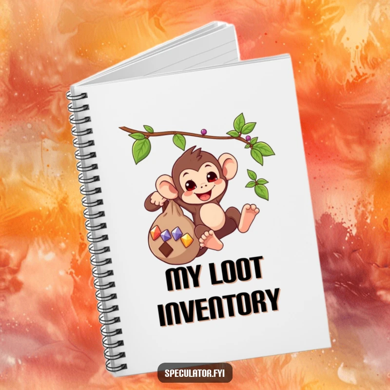 Funny notebook cover featuring a playful monkey swinging from a vine with a bag of gems, great for imaginative note-taking.