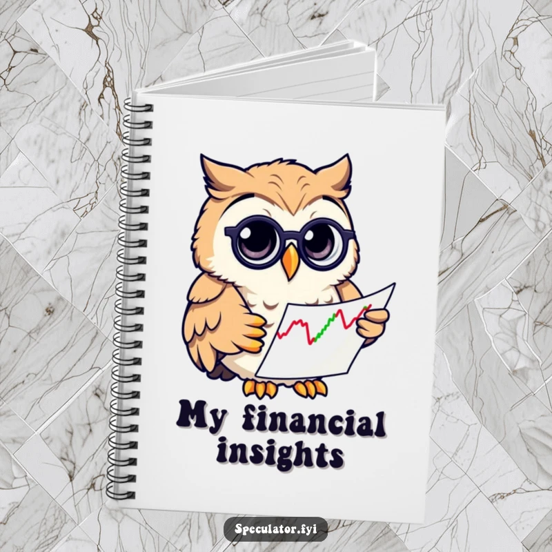 Funny owl in a monocle, looking at stock charts, on a notebook cover, for financial planning and note-taking.