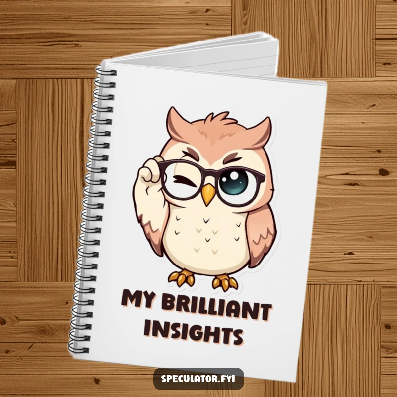 Funny Notebook with a proud owl adjusting spectacles and winking, perfect for jotting down ideas with a touch of intellectual humor.