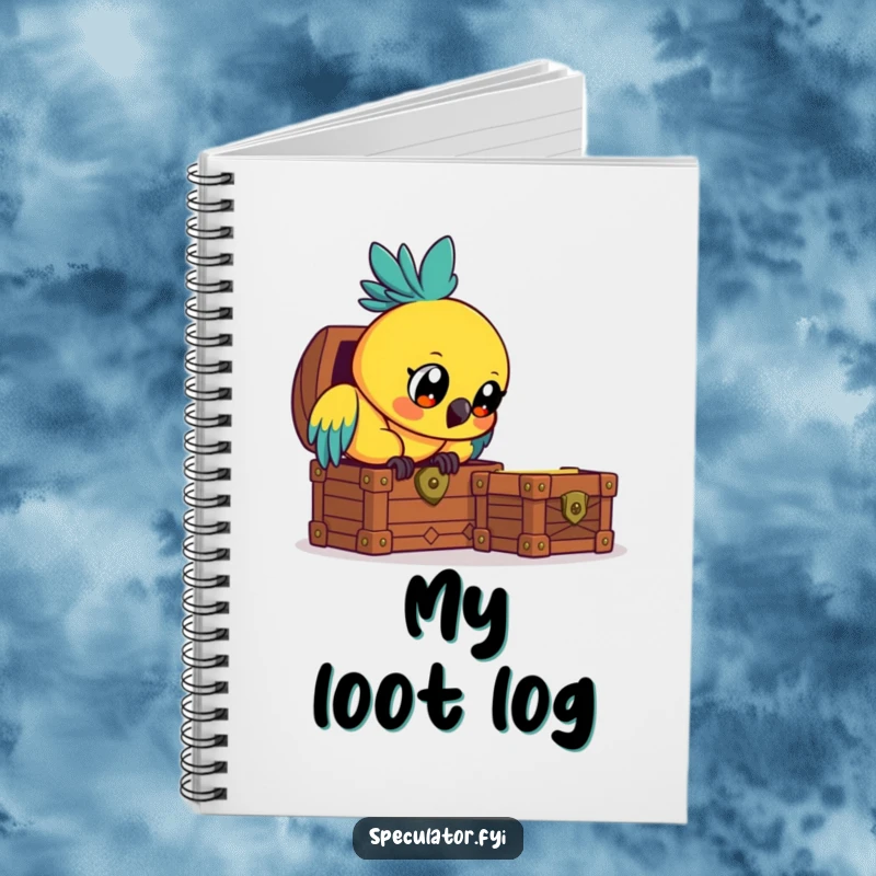 Funny curious parrot notebook, eyes wide with wonder at a treasure chest, ideal for journaling discoveries.