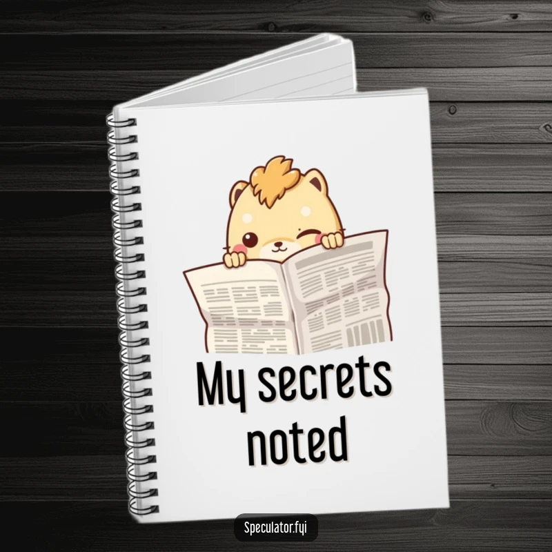 Funny creature peeking from behind a newspaper with a knowing smirk, perfect for a funny notebook cover.