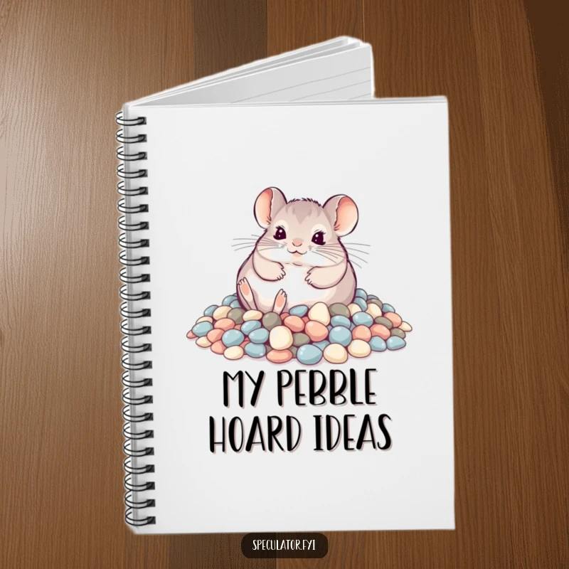 Funny playful chinchilla rolling in shimmering pebbles on a notebook, humorous stationery for notes.