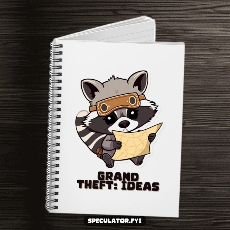 Funny notebook with a determined raccoon wearing a mask, peering at a treasure map, perfect for note-taking with a humorous quest. A cute funny gift.