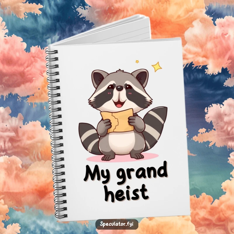 Funny raccoon notebook with a raccoon holding a treasure map, perfect for jotting down humorous thoughts and plans.