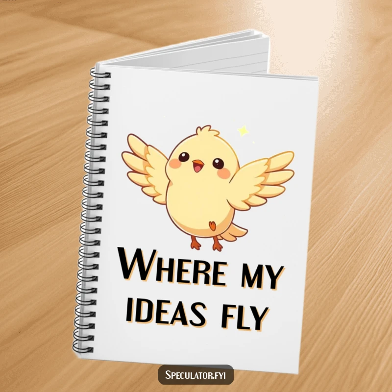 Funny bird notebook showing a happy character with wings spread, soaring towards a promising, distant shimmering light.