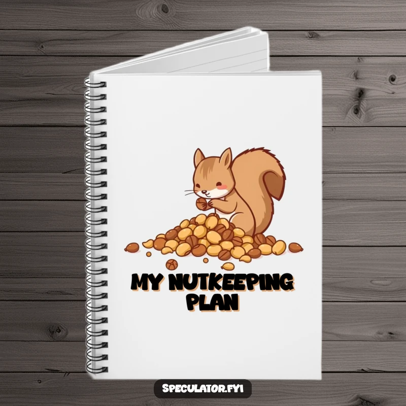 Funny notebook cover featuring a squirrel carefully sorting nuts into piles, perfect for organized note-taking.