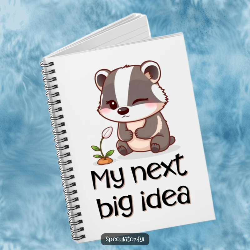 Funny Badger Notebook: A winking badger observes a sprouting seed on a notebook cover, perfect for garden planning.