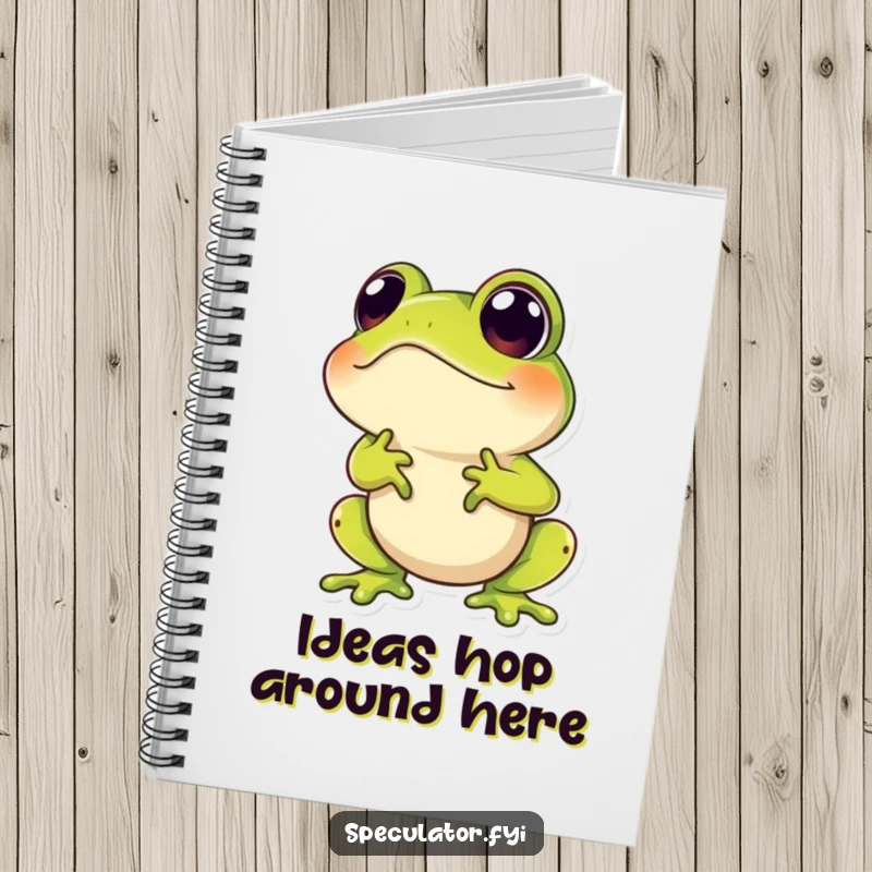 Funny notebook with a hopping frog character looking speculatively upwards, designed for humorous note-taking.