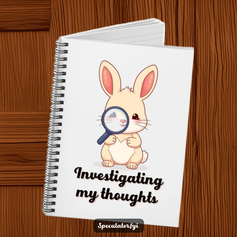 Funny kawaii rabbit character holding a magnifying glass and examining a small object on a notebook.