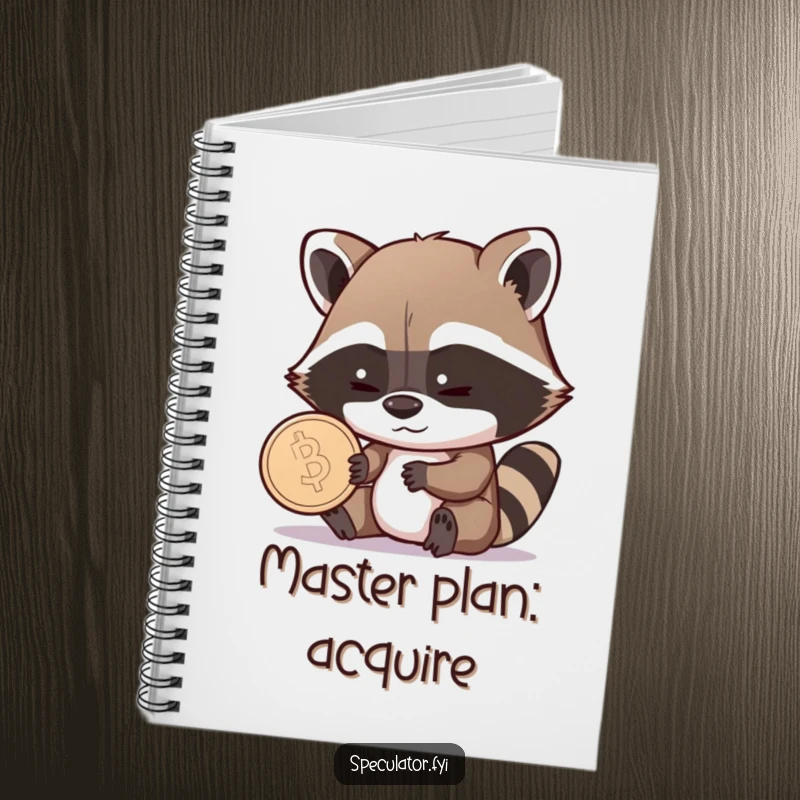 Funny Raccoon Notebook: a shrewd raccoon examines a coin with a sly grin, inspiring humorous note-taking and planning.