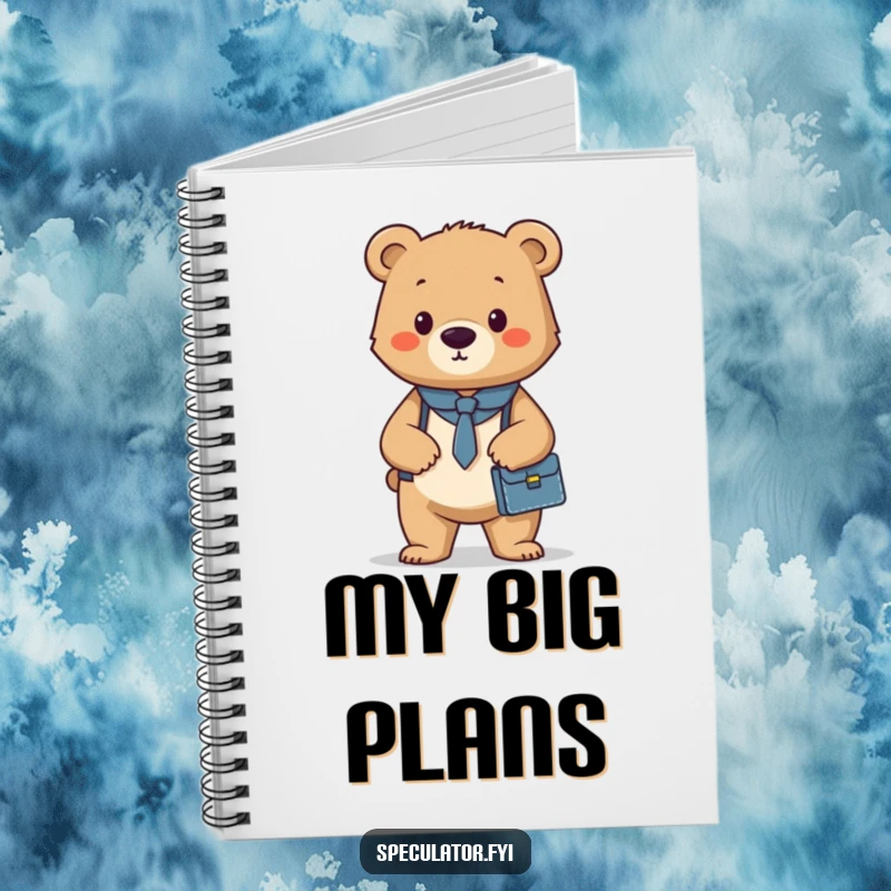 Funny notebook with a confident bear cub holding a briefcase, designed for jotting down professional plans and ideas humorously.