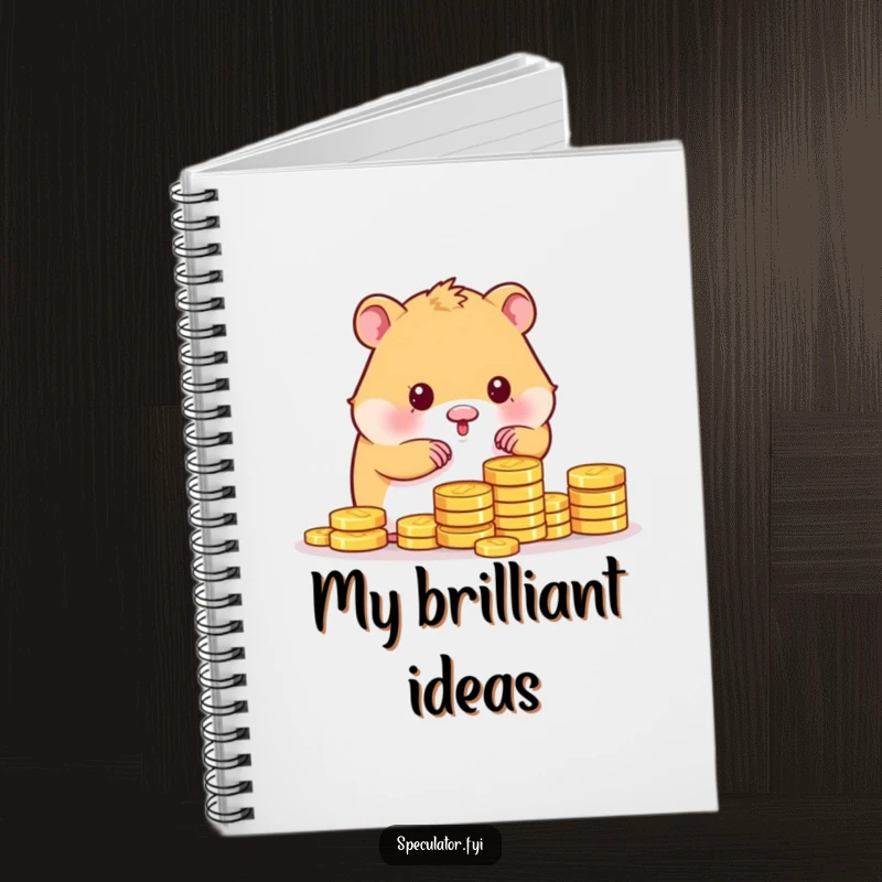 Funny kawaii hamster character busy counting a mountain of gold coins on the cover of a notebook.