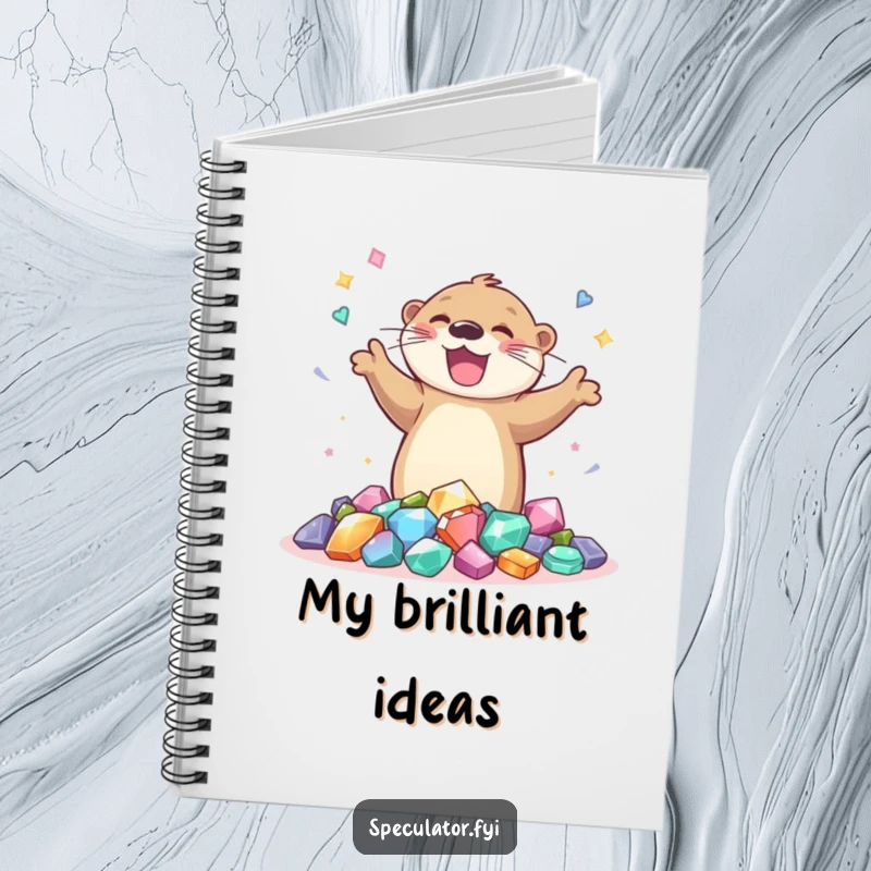 Funny notebook with a joyful otter dancing around gems, designed for capturing happy thoughts and creative ideas with sparkle.