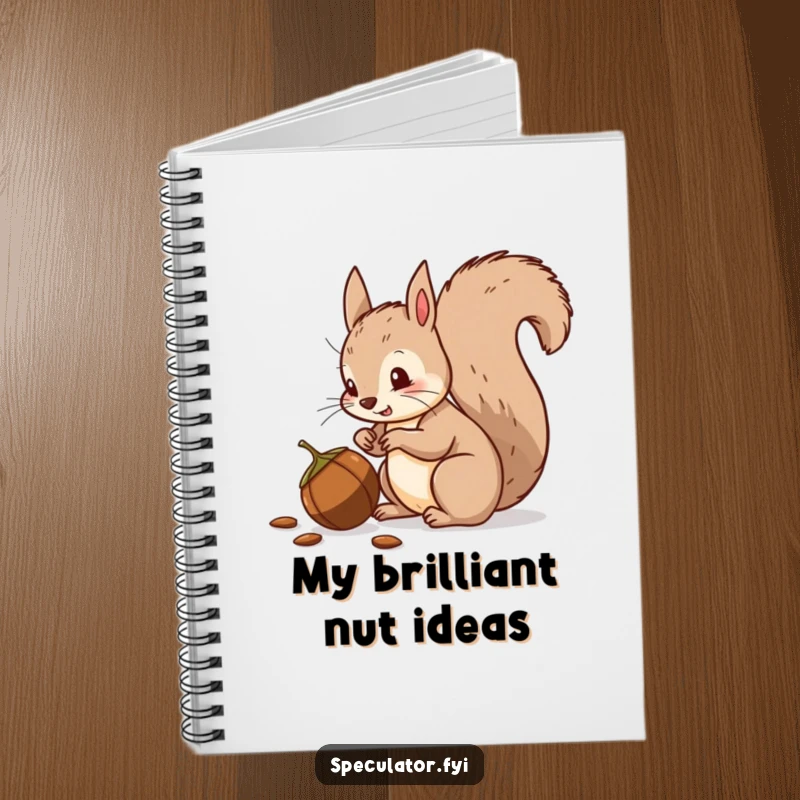 Funny squirrel notebook, bushy tail, suspiciously eyeing a nut, ideal for jotting down humorous notes.