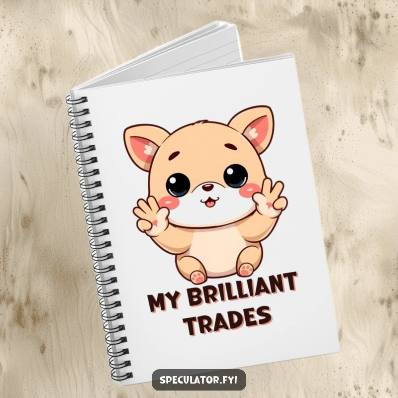 Funny Kawaii animal notebook with buy low sell high paws gesture, perfect for notes and as a funny gift.