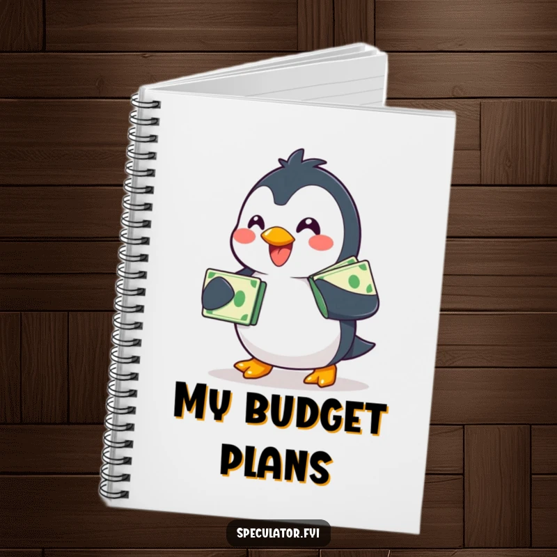 Funny smiling penguin notebook, waddling with a stack of bills, ideal for journaling financial plans.