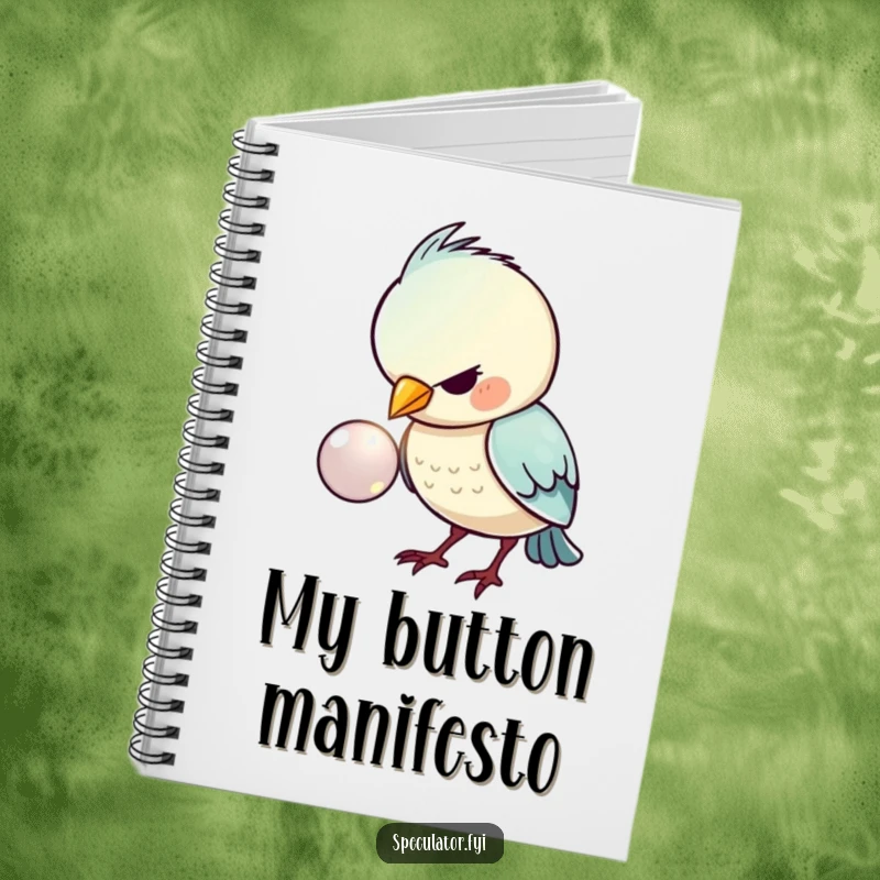 Funny notebook with a kawaii bird intently focused on a shiny button, designed for note-taking and creative expression, a humorous gift.