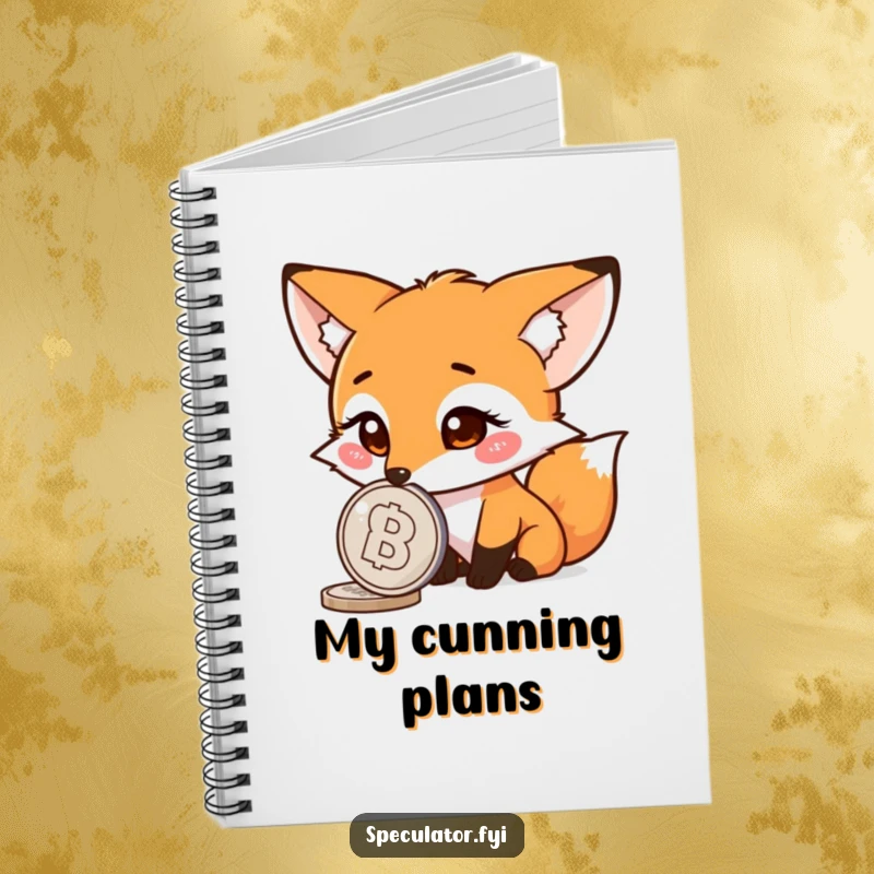 Funny fox notebook, curious character watching a spinning coin, ideal for notes and sketches, witty stationery.