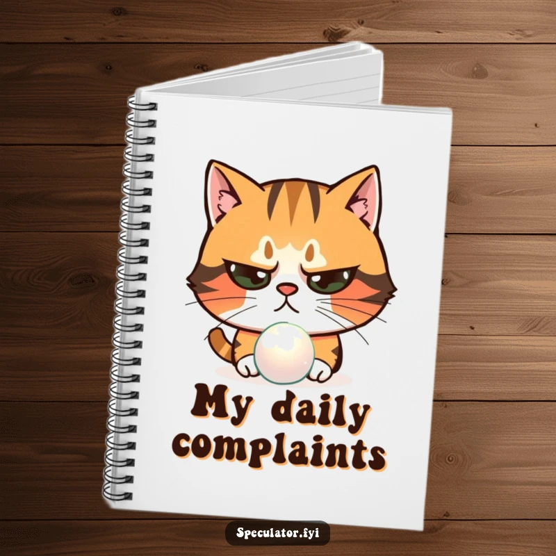 Funny skeptical cat notebook examining shimmering object with narrowed eyes, a suspicious pet character for jotting down critiques.