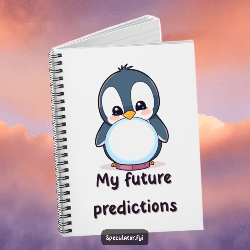 Funny curious penguin smiling while peering into a crystal ball on a notebook, humorous stationery for notes.