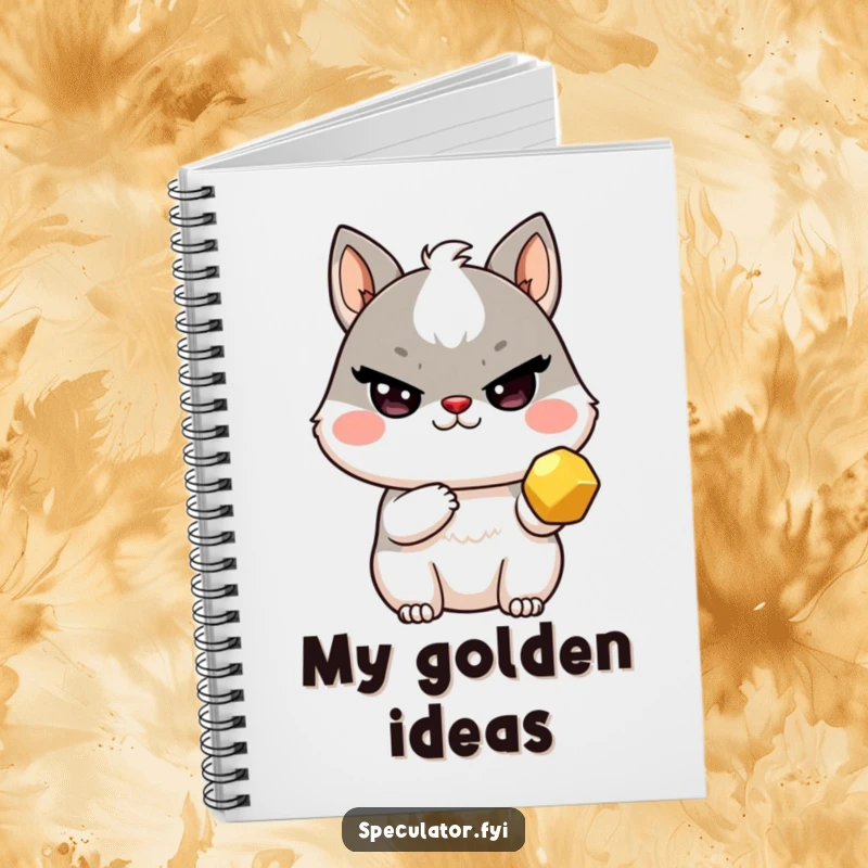 Funny Kawaii animal notebook with sly wink holding a golden nugget, for notes and as a funny gift.