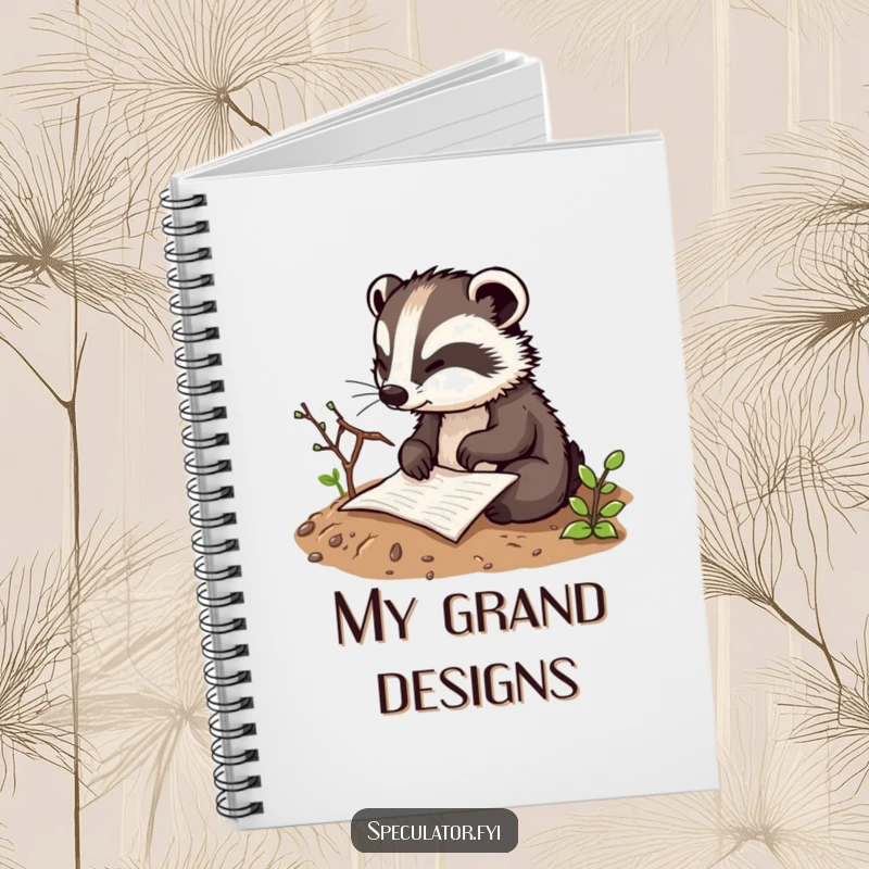 Funny thoughtful badger character notebook sketching a plan in the dirt with a twig, perfect for capturing ideas with strategic humor.