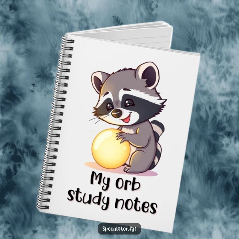 Funny happy raccoon examining a mysterious, glowing orb on a notebook, humorous stationery for notes.