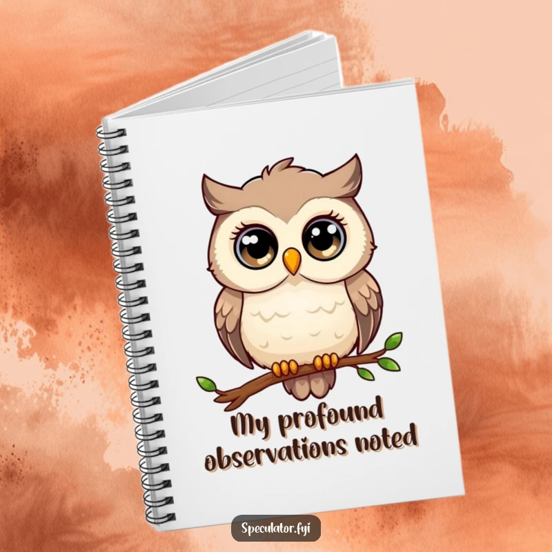 Funny owl notebook, large eyes, perched, gazing thoughtfully, ideal for jotting down wise notes.