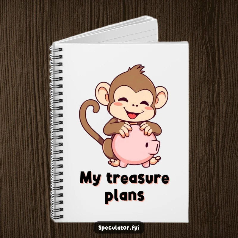 Funny kawaii monkey notebook, featuring a monkey playfully shaking a piggy bank, great for writing and planning.