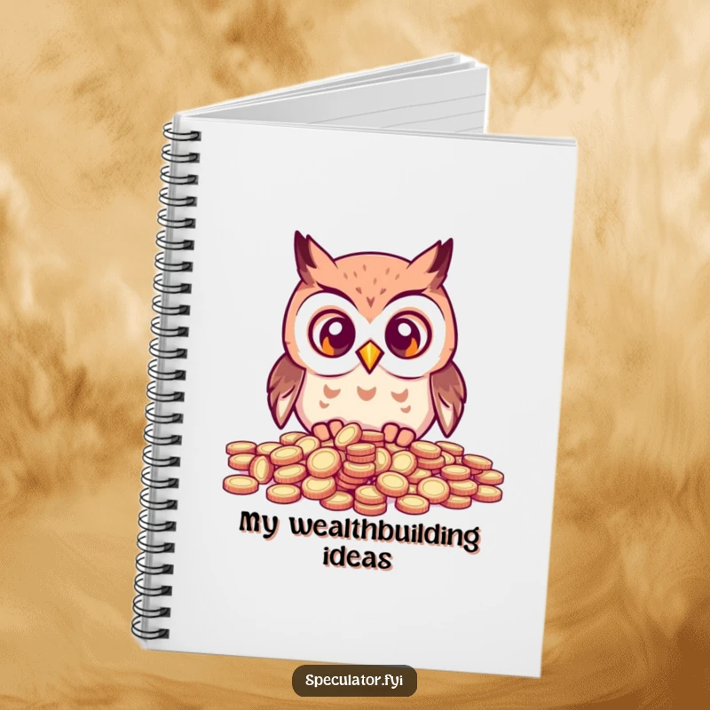 Funny kawaii owl with wide eyes looking at a scattered pile of coins, making this notebook a fun place for notes.