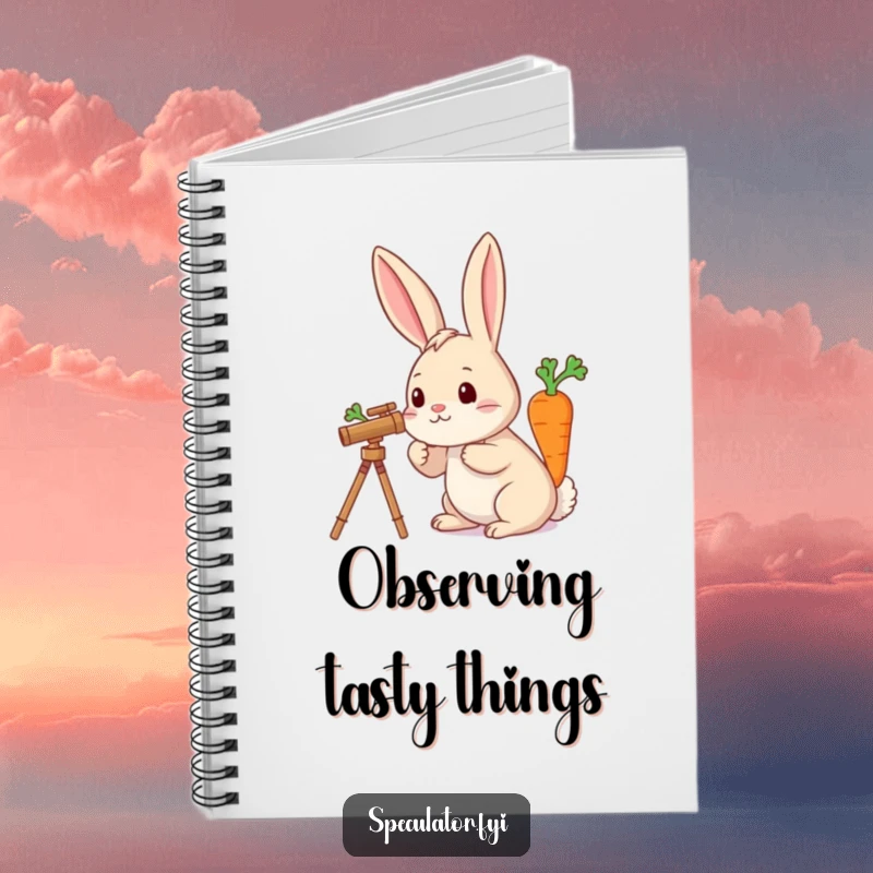 Funny notebook cover featuring a rabbit using a telescope to look for a carrot, great for imaginative note-taking.