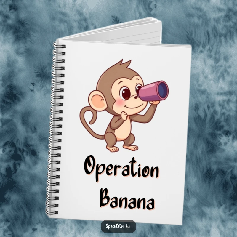 Funny Monkey Notebook: a curious monkey uses a spyglass to locate a banana, inspiring humorous note-taking and planning.