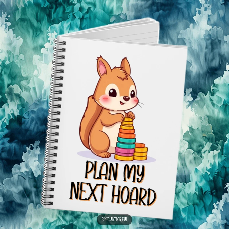 Funny squirrel notebook with a playful squirrel counting colorful tokens, ideal for notes and creative ideas.