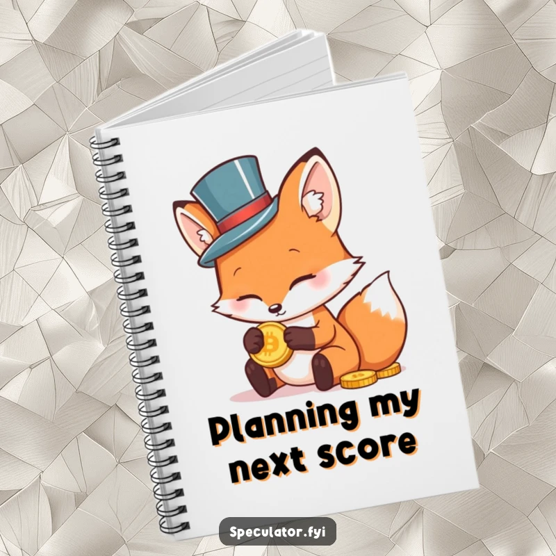Funny notebook cover showing a sophisticated fox in a small top hat, intently looking at a gold coin, for note-taking fun.