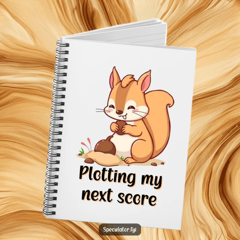 Funny kawaii squirrel character with a sly grin burying a nut on the cover of a notebook.