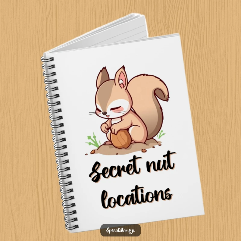 Funny Squirrel Notebook: a nimble squirrel buries a nut while glancing around, inspiring humorous note-taking and planning.