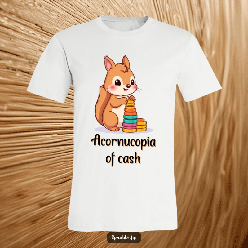 Funny squirrel t-shirt showing a cheerful squirrel enthusiastically counting a pile of colorful tokens, perfect for animal lovers.