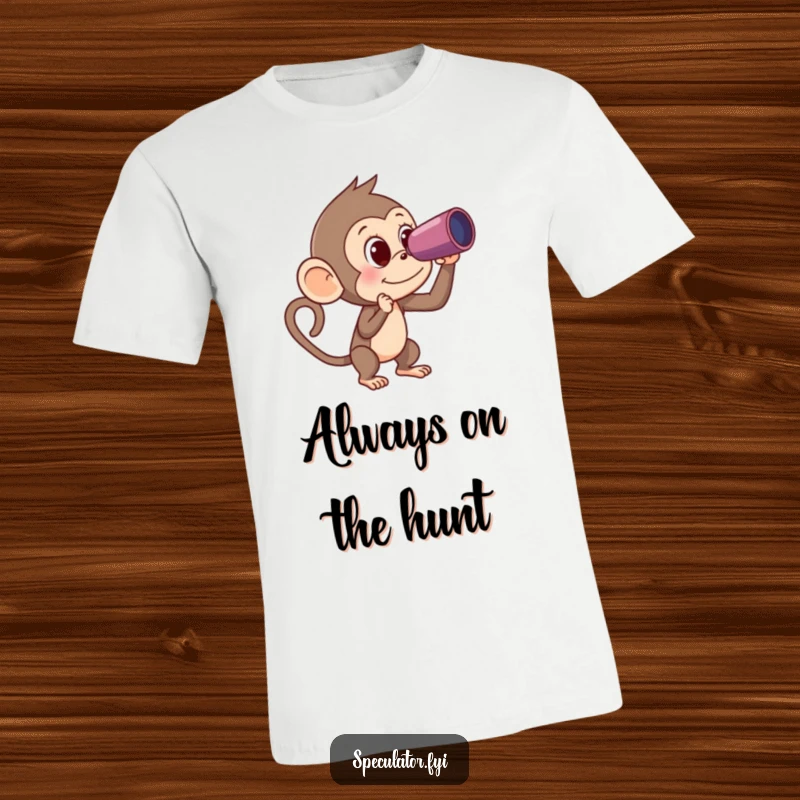 Funny Monkey T-Shirt: a curious monkey with a spyglass intently searches for a banana, highlighting a humorous quest for a treat.