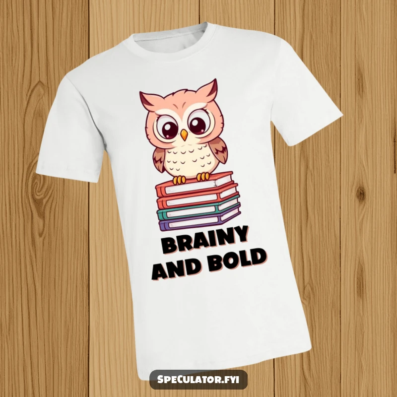 Funny Owl T-Shirt: a clever owl on a book stack has wide eyes of calculation, showcasing humorous intelligence.