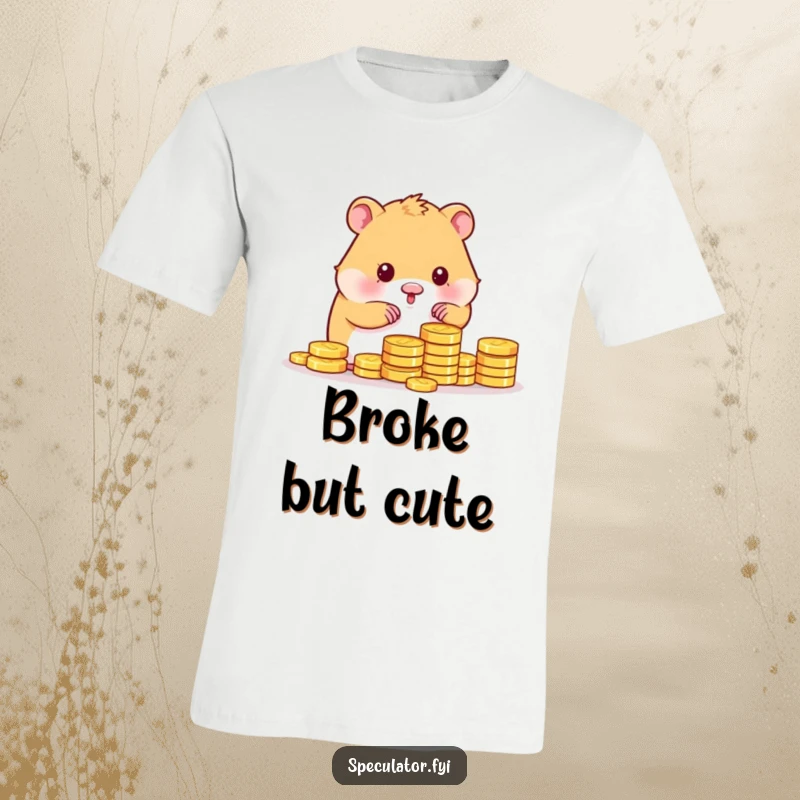 Funny kawaii hamster character greedily counting a giant pile of gold coins, looking smug on a t-shirt.