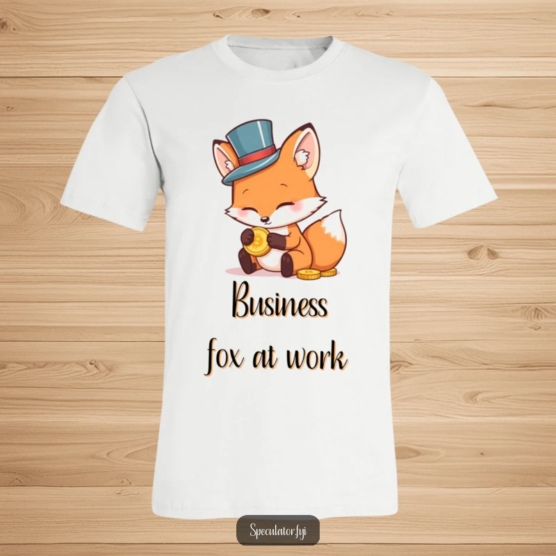 Funny t-shirt graphic of a fox wearing a small top hat, intently examining a golden coin, exuding wealth and wit.