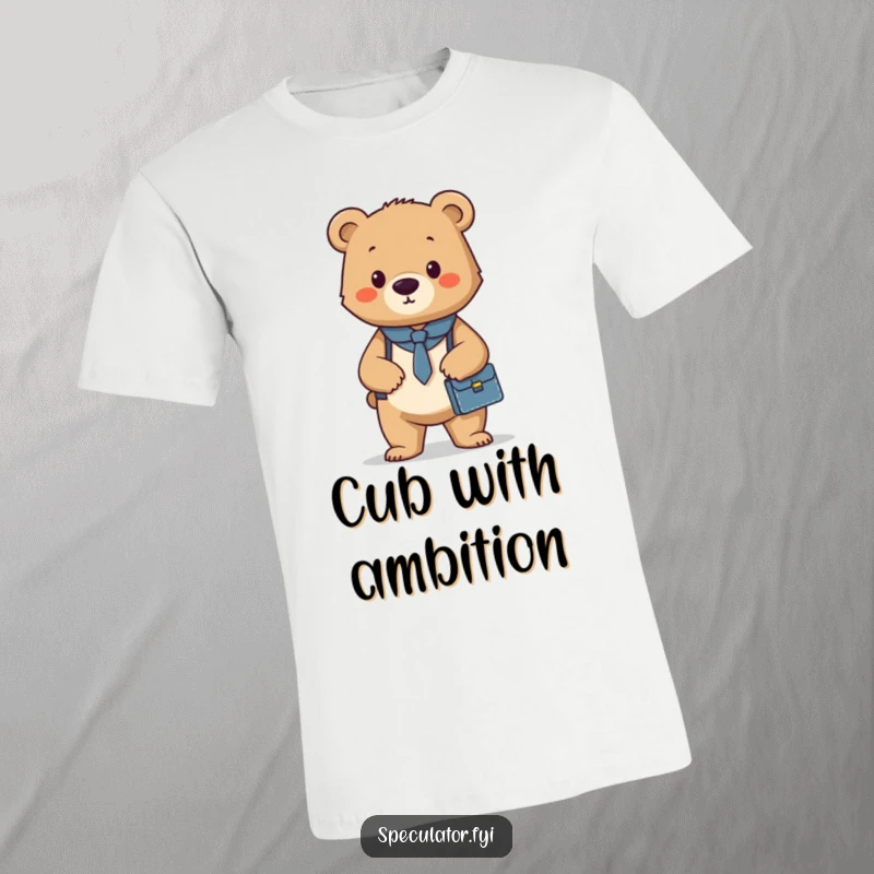 Funny t-shirt with a confident bear cub standing tall with a briefcase, symbolizing ambition and a professional attitude.