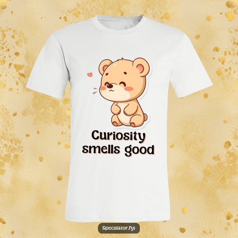 Funny bear cub t-shirt with a curious expression, sniffing the air, showcasing a design full of wonder and gentle humor. An excellent funny gift.