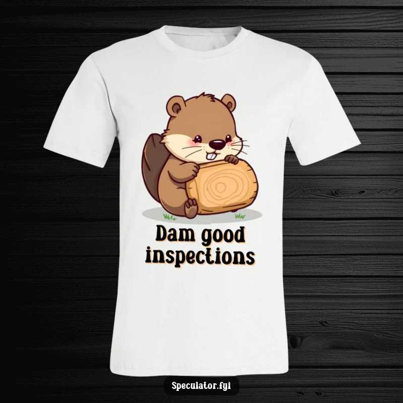 Funny Beaver t-shirt design, a clever beaver character meticulously inspecting a log, great for DIY enthusiasts.