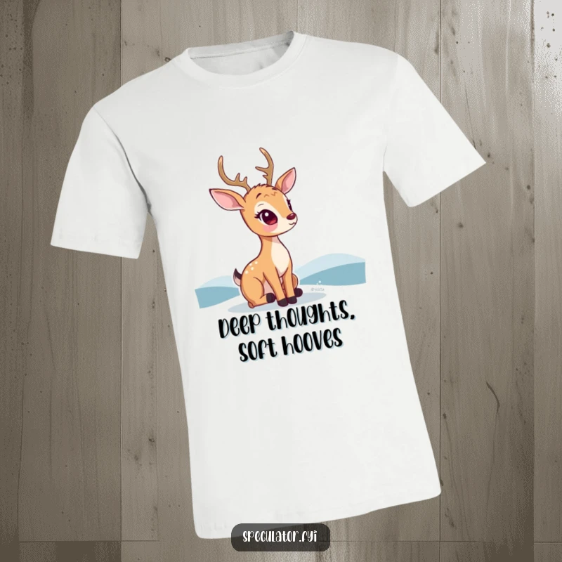 Funny kawaii deer t-shirt, showing a thoughtful deer looking towards a distant horizon, perfect for calm, casual wear.