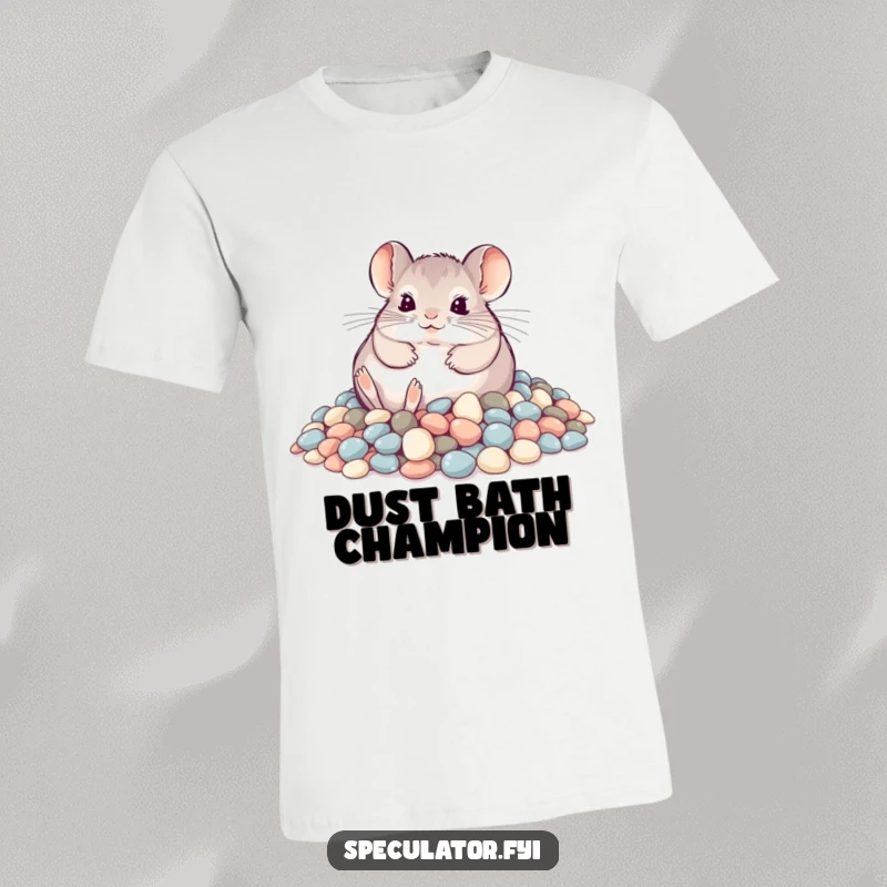 Funny playful chinchilla rolling in shimmering pebbles on a t-shirt, humorous and soft apparel.