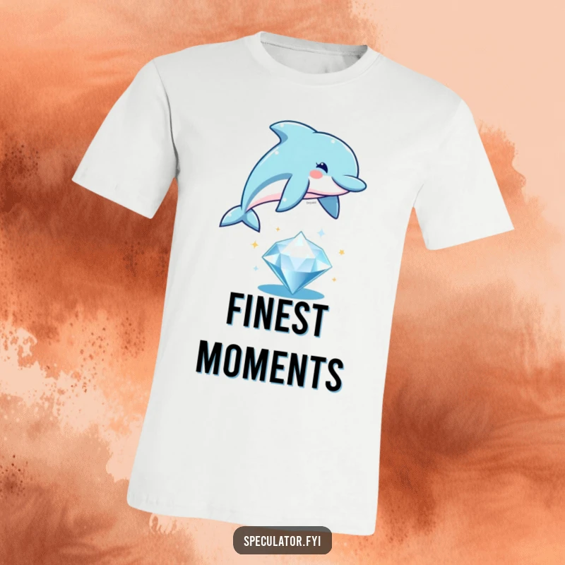Funny playful dolphin t-shirt, leaping over a shimmering diamond, a humorous and energetic apparel design.
