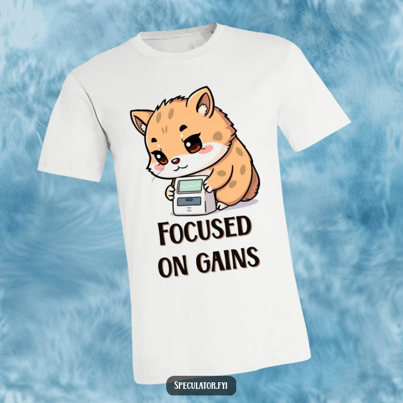 Funny Kawaii animal t-shirt with determined look examining a stock ticker, ideal for diligent traders and as a funny gift.