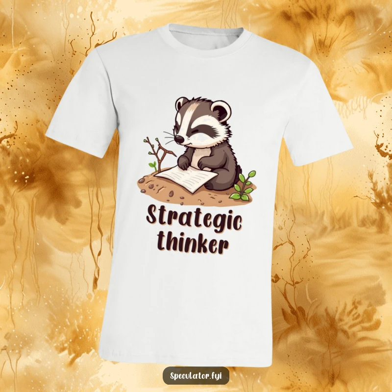 Funny thoughtful badger character t-shirt sketching a plan in the dirt with a twig, perfect for conveying intelligence and earthy humor.